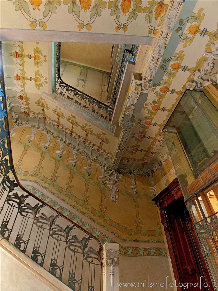 Milan (Italy) - Left staircase of House Campanini decorated with floral motifs